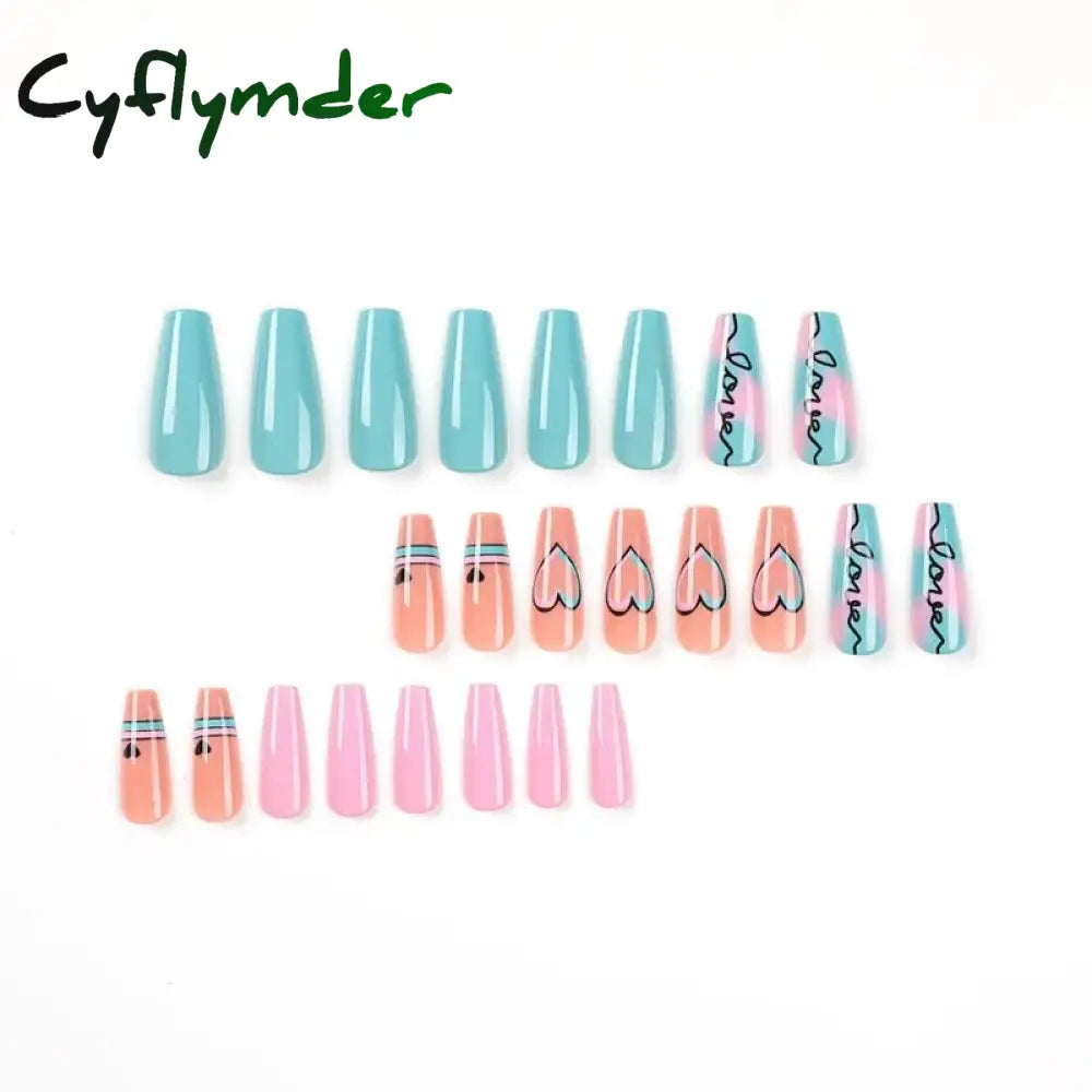 Cyflymder 24Pcs Acrylic False Nails With Glue Wave Line Designs Long Ballet Fake Gradient Coffin