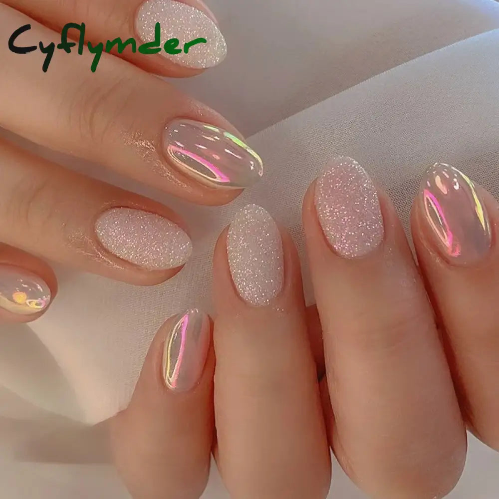 Cyflymder 24Pcs Almond French Fake Nails With Glue Simple Oval False Press On Wearable Finished Diy