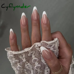 24Pcs Almond French Fake Nails with Glue Simple Oval False Nails Press on Nails Wearable Finished DIY Full Cover Nail Tips