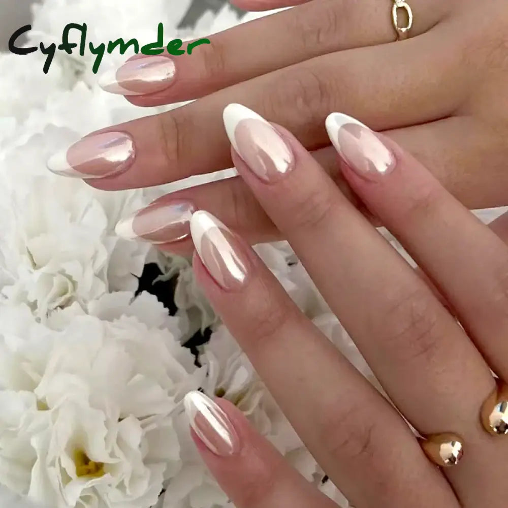 Cyflymder 24Pcs Almond French Fake Nails With Glue Simple Oval False Press On Wearable Finished Diy