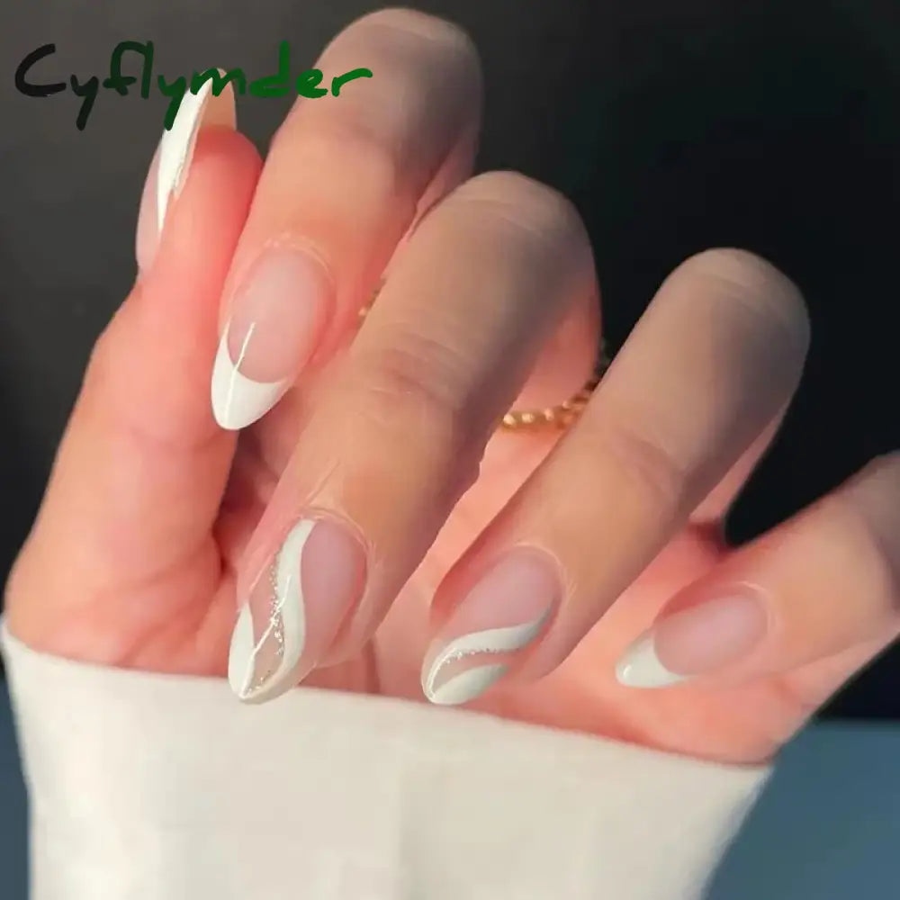 Cyflymder 24Pcs Almond French Fake Nails With Glue Simple Oval False Press On Wearable Finished Diy
