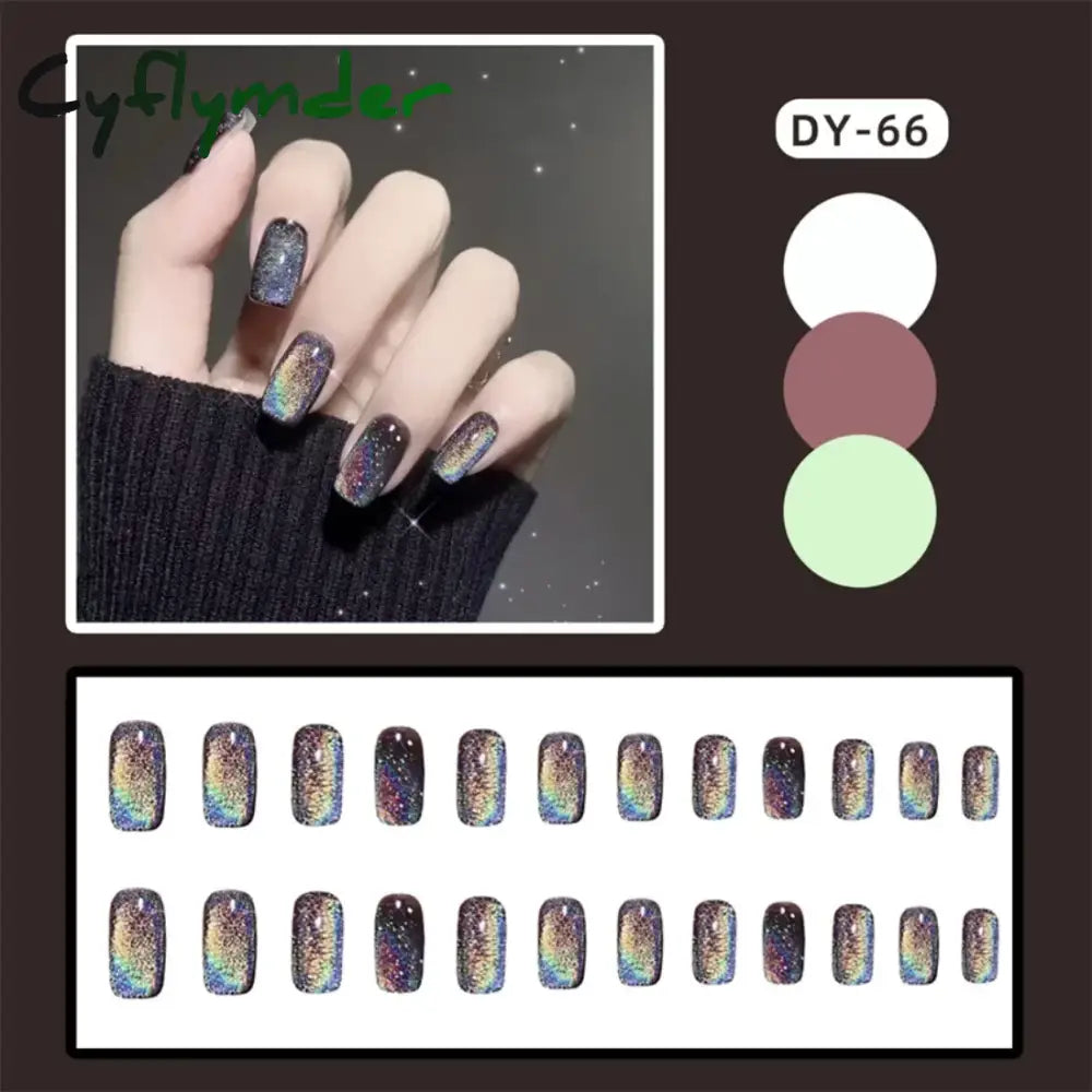 24pcs Artificial Short Coffin Acrylic Nail Art Fake Nails Full Coverage Press On Nails Tips Purple Black Cat Eye False Nail Set