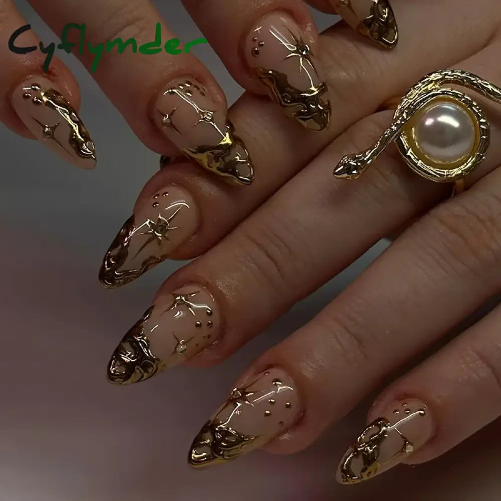 Cyflymder 24pcs Baroque Gold False Nails Green Crocodile pattern Fake Nails Tips Women Wearable Detchable French Almond