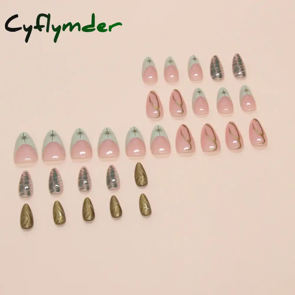 Cyflymder 24pcs Baroque Gold False Nails Green Crocodile pattern Fake Nails Tips Women Wearable Detchable French Almond
