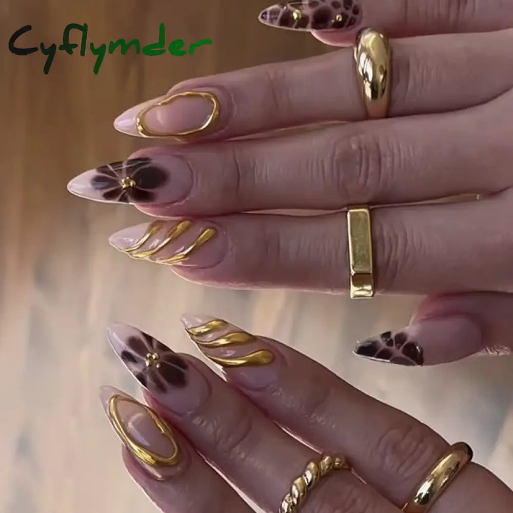 Cyflymder 24pcs Baroque Gold False Nails Green Crocodile pattern Fake Nails Tips Women Wearable Detchable French Almond