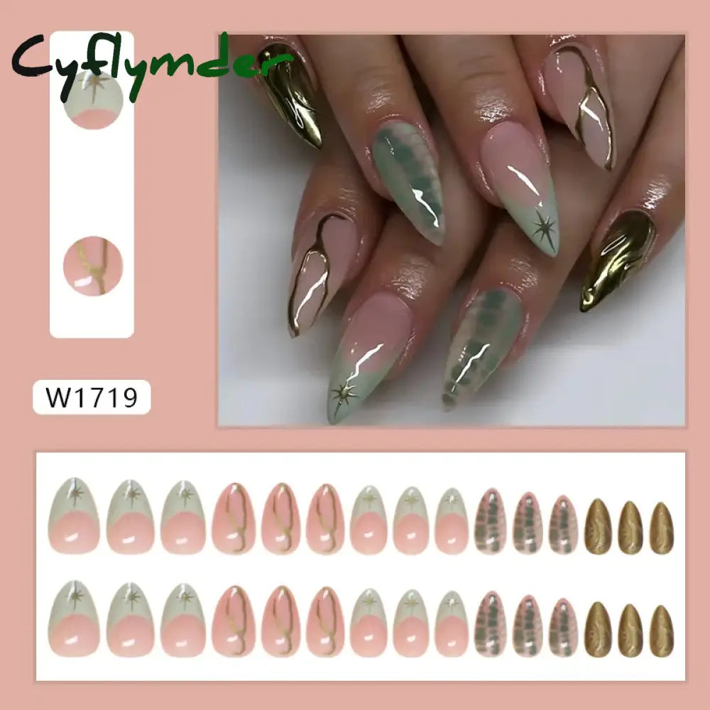 Cyflymder 24pcs Baroque Gold False Nails Green Crocodile pattern Fake Nails Tips Women Wearable Detchable French Almond