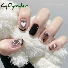 Cyflymder 24Pcs Black Heart Coffin Cute Kawaii Press On Nail Tips Finished Full Cover Artificial