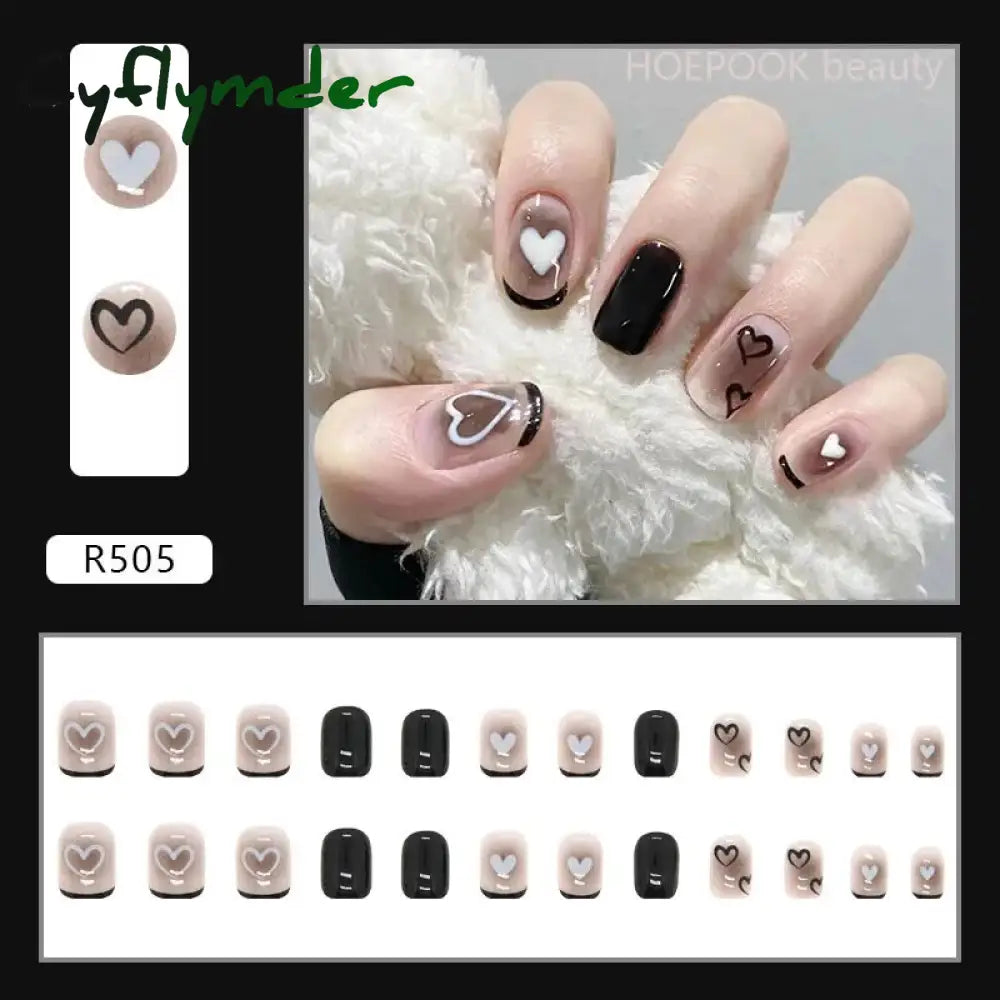 Cyflymder 24Pcs Black Heart Coffin Cute Kawaii Press On Nail Tips Finished Full Cover Artificial