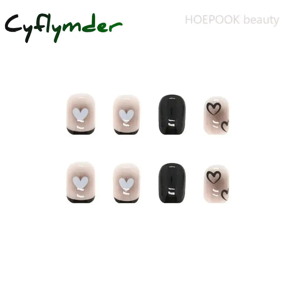 Cyflymder 24Pcs Black Heart Coffin Cute Kawaii Press On Nail Tips Finished Full Cover Artificial