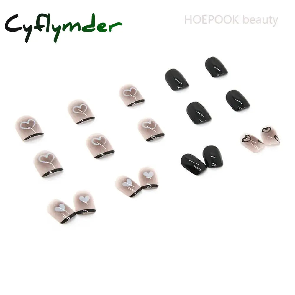 Cyflymder 24Pcs Black Heart Coffin Cute Kawaii Press On Nail Tips Finished Full Cover Artificial