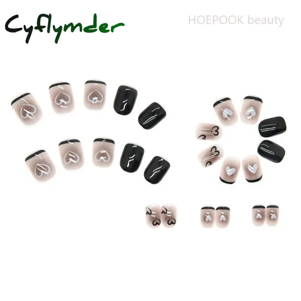 Cyflymder 24Pcs Black Heart Coffin Cute Kawaii Press On Nail Tips Finished Full Cover Artificial