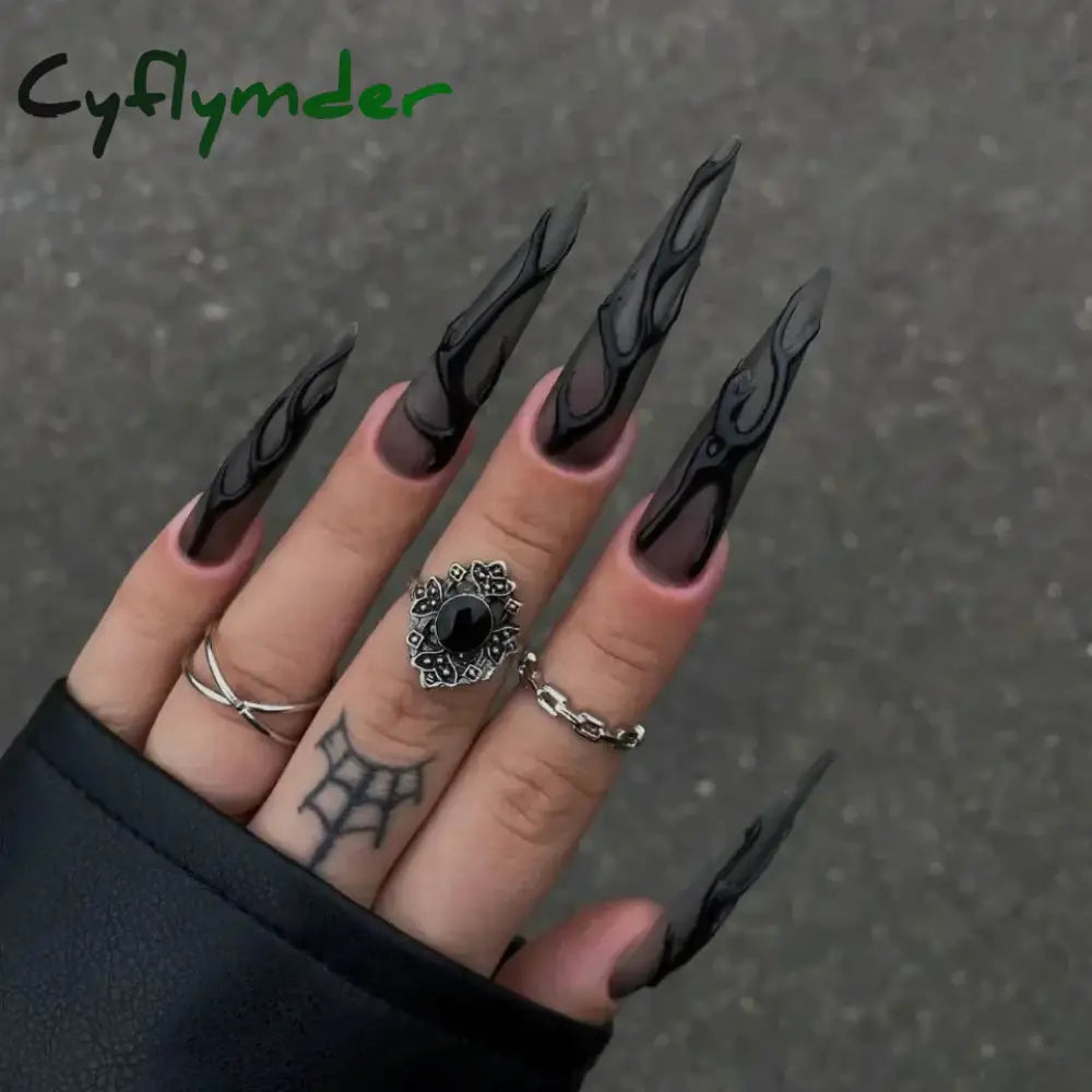 Cyflymder 24pcs Blood Red Fake Nails Gradient Long Pointed False Nail Patch Full Cover Wearable Fake Nail Tips