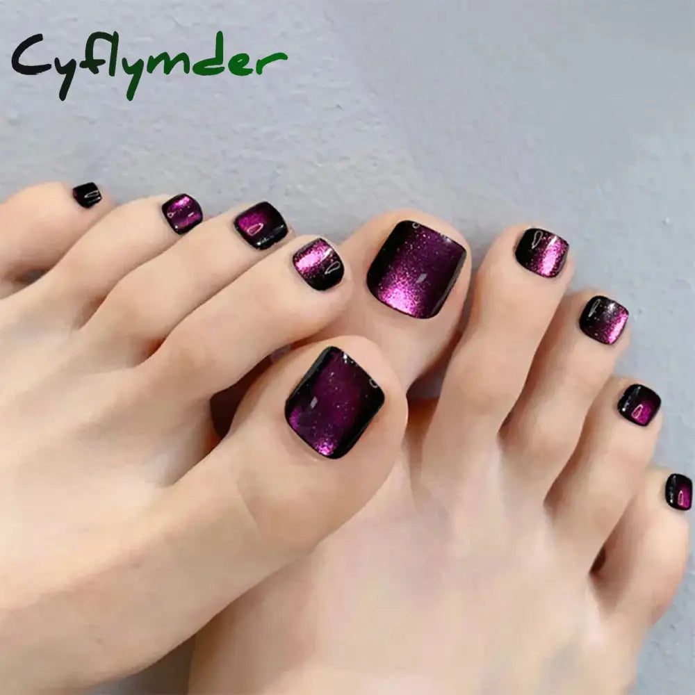 Cyflymder 24pcs Blue Cat Eyes Press on Foot Nails Aurora Glitter Artificial Toenails Women Girl Wearable Full Cover