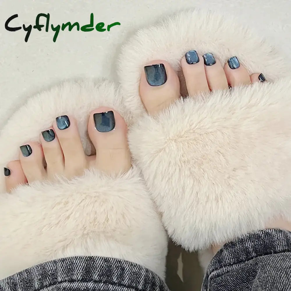 Cyflymder 24pcs Blue Cat Eyes Press on Foot Nails Aurora Glitter Artificial Toenails Women Girl Wearable Full Cover