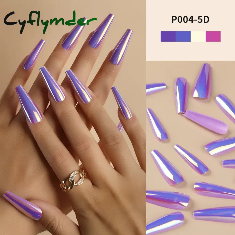 Cyflymder 24Pcs/Box Ballerina Press on Nails Tips False Nail Art Full Cover Detachable Artificial Fake Nails Metal