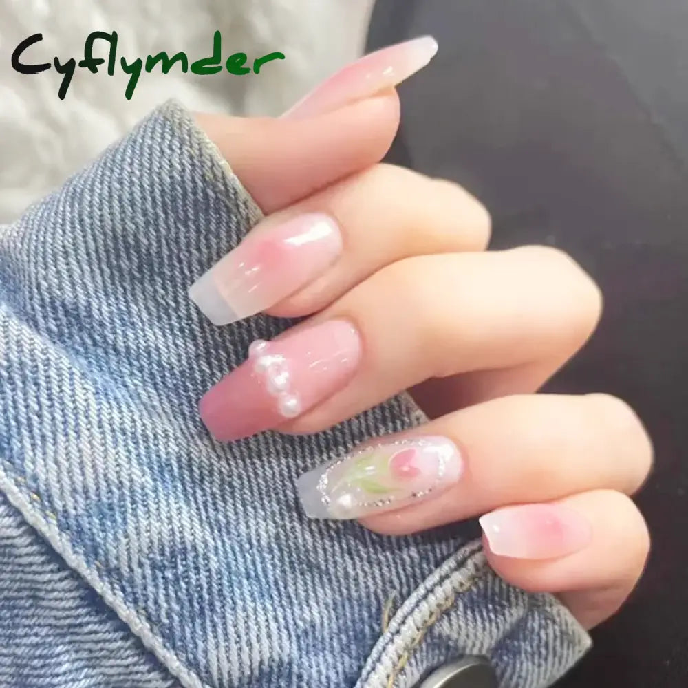 Cyflymder 24Pcs/Box Gradient Color Artifical Press On Nails With Glue Long Coffin Fake Nails Lovely Girls Nail Art