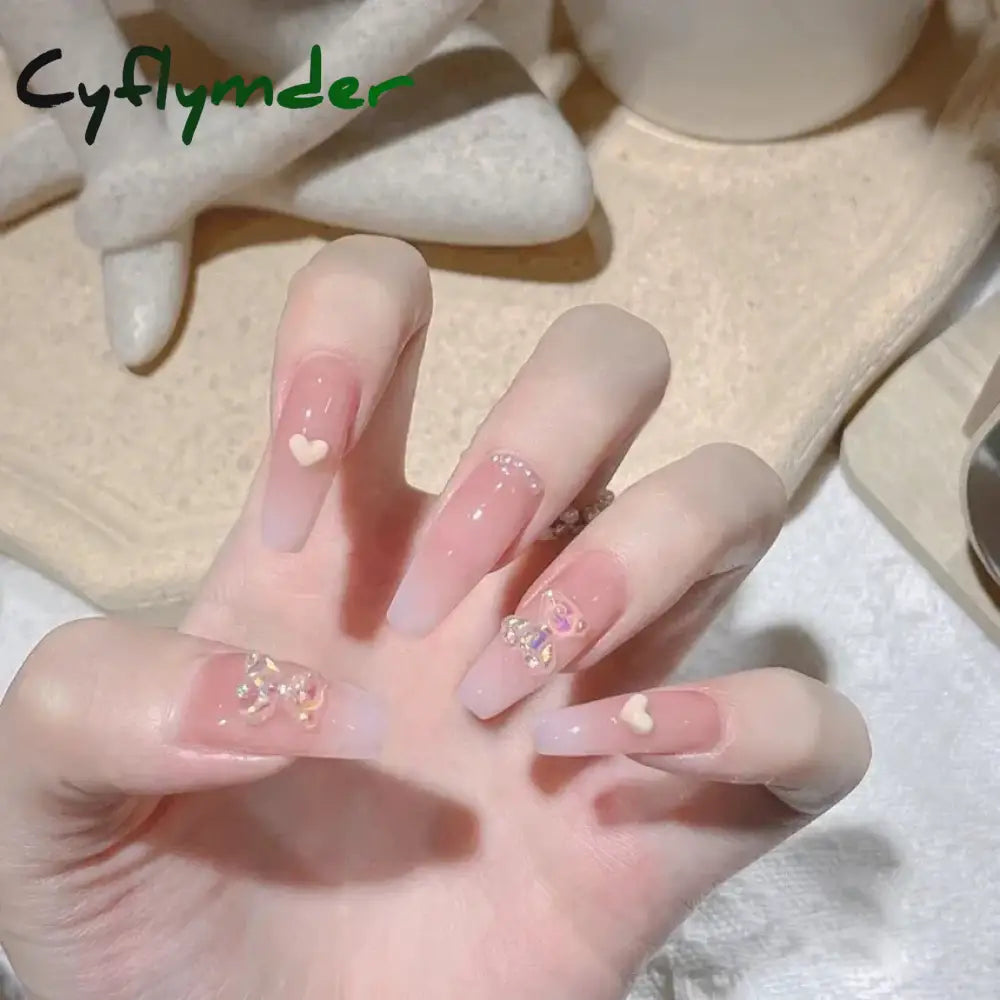 Cyflymder 24Pcs/Box Gradient Color Artifical Press On Nails With Glue Long Coffin Fake Nails Lovely Girls Nail Art