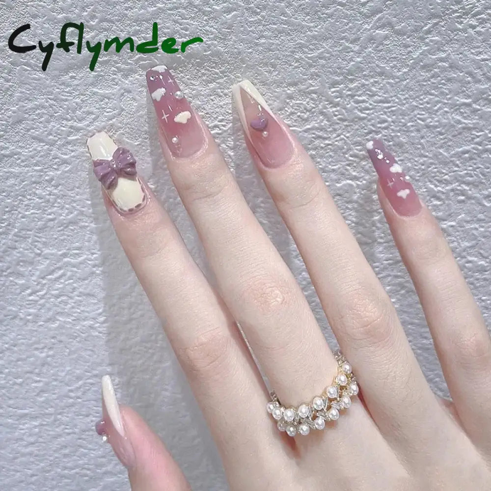 Cyflymder 24Pcs/Box Gradient Color Artifical Press On Nails With Glue Long Coffin Fake Nails Lovely Girls Nail Art