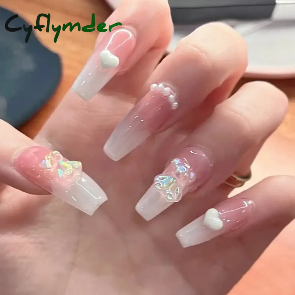 Cyflymder 24Pcs/Box Gradient Color Artifical Press On Nails With Glue Long Coffin Fake Nails Lovely Girls Nail Art