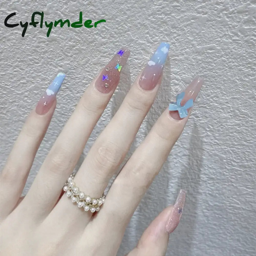 Cyflymder 24Pcs/Box Gradient Color Artifical Press On Nails With Glue Long Coffin Fake Nails Lovely Girls Nail Art