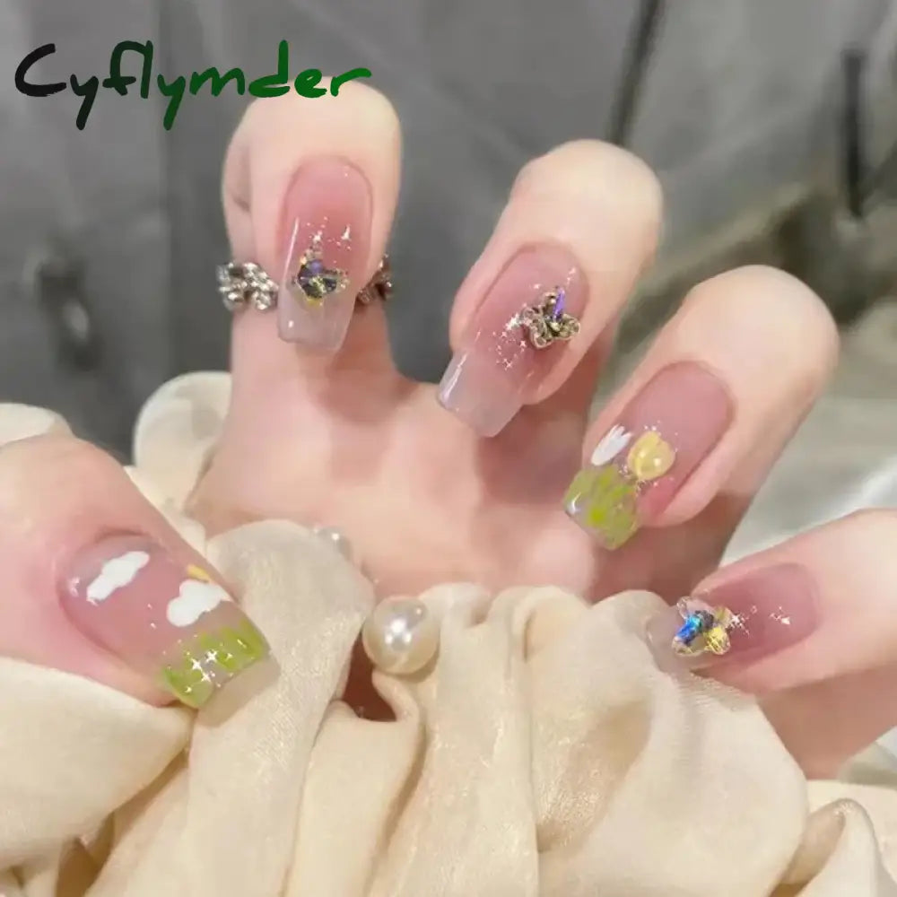 Cyflymder 24Pcs/Box Gradient Color Artifical Press On Nails With Glue Long Coffin Fake Nails Lovely Girls Nail Art