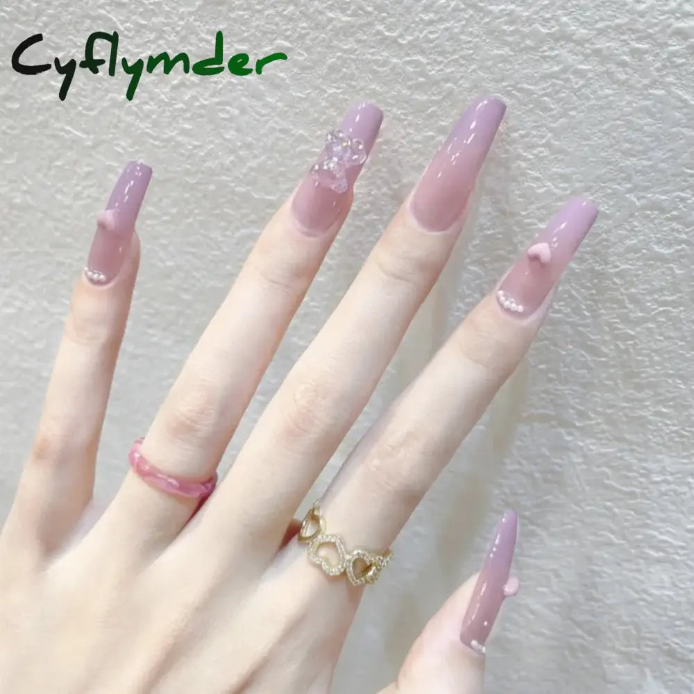 Cyflymder 24Pcs/Box Gradient Color Artifical Press On Nails With Glue Long Coffin Fake Nails Lovely Girls Nail Art