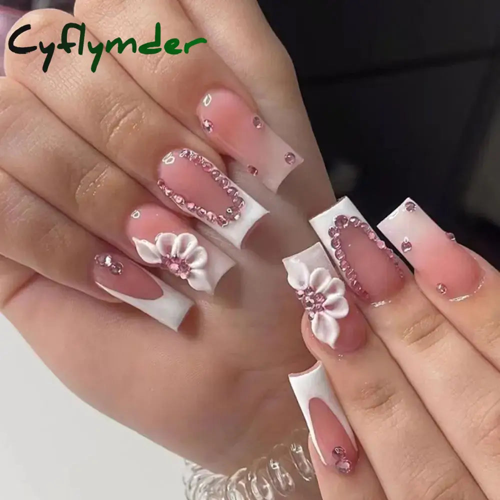Cyflymder 24Pcs/Box Gradient Pink Nail Tips Detachable Glitter Fake Nails Long Ballerina False Full