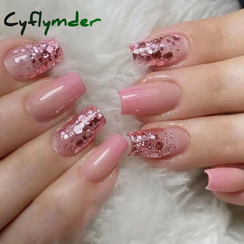 Cyflymder 24Pcs/Box Gradient Pink Nail Tips Detachable Glitter Fake Nails Long Ballerina False Full