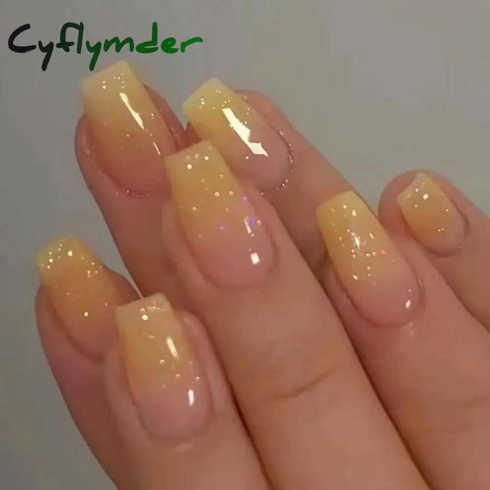 Cyflymder 24Pcs/Box Gradient Pink Nail Tips Detachable Glitter Fake Nails Long Ballerina False Full