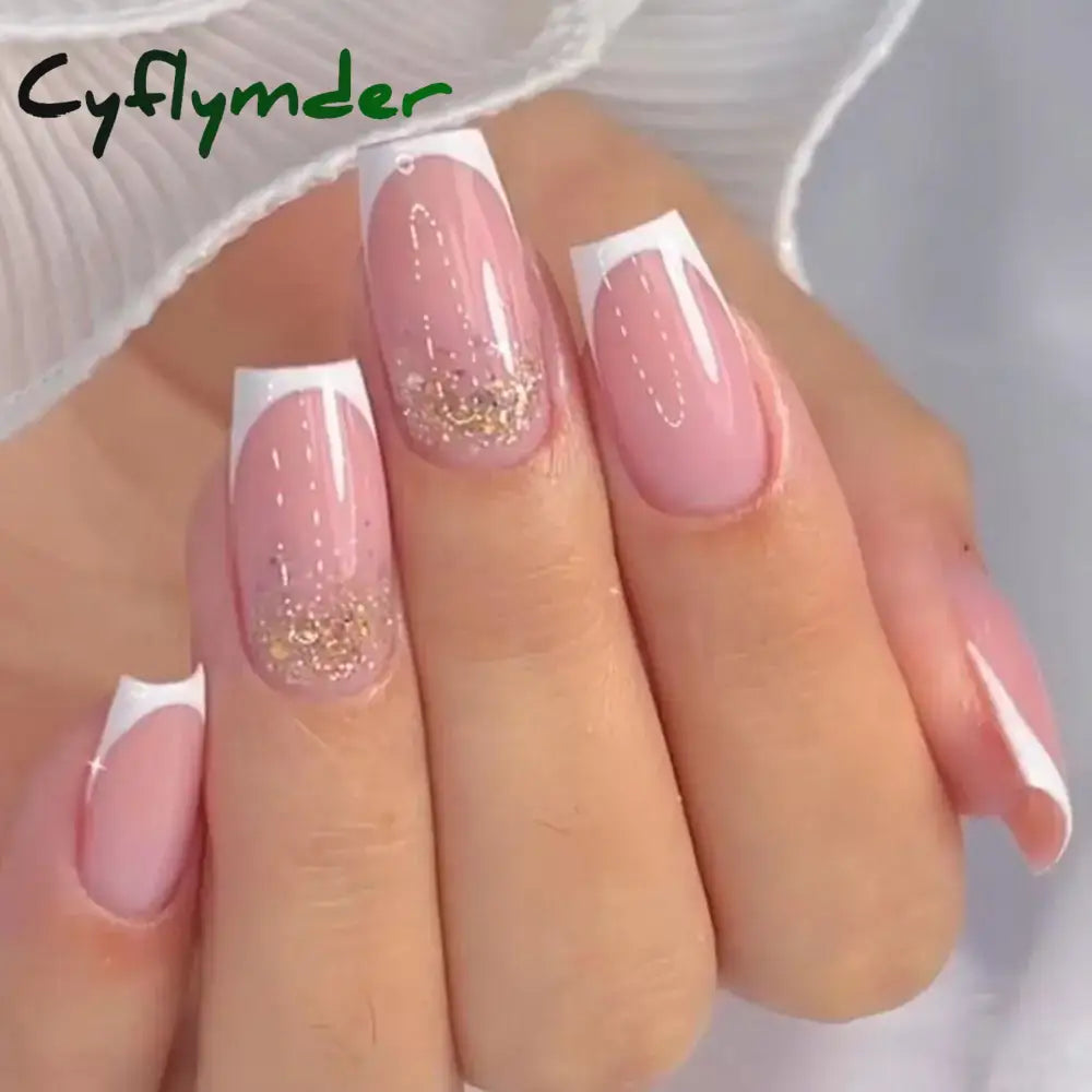 Cyflymder 24Pcs/Box Gradient Pink Nail Tips Detachable Glitter Fake Nails Long Ballerina False Full
