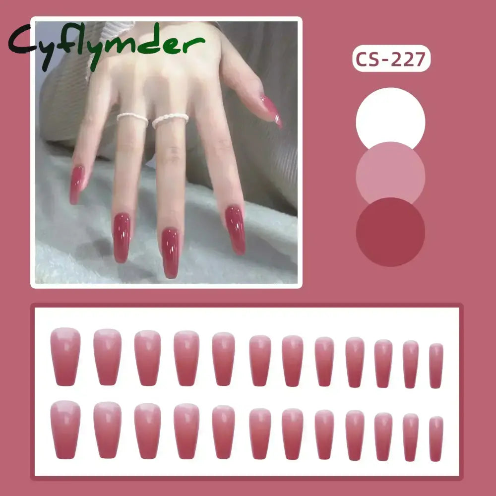 Cyflymder 24pcs/Box Long Coffin False Nails Art Rose with Glue Wearable Nude Pink White Color Jelly Nails Tips Full