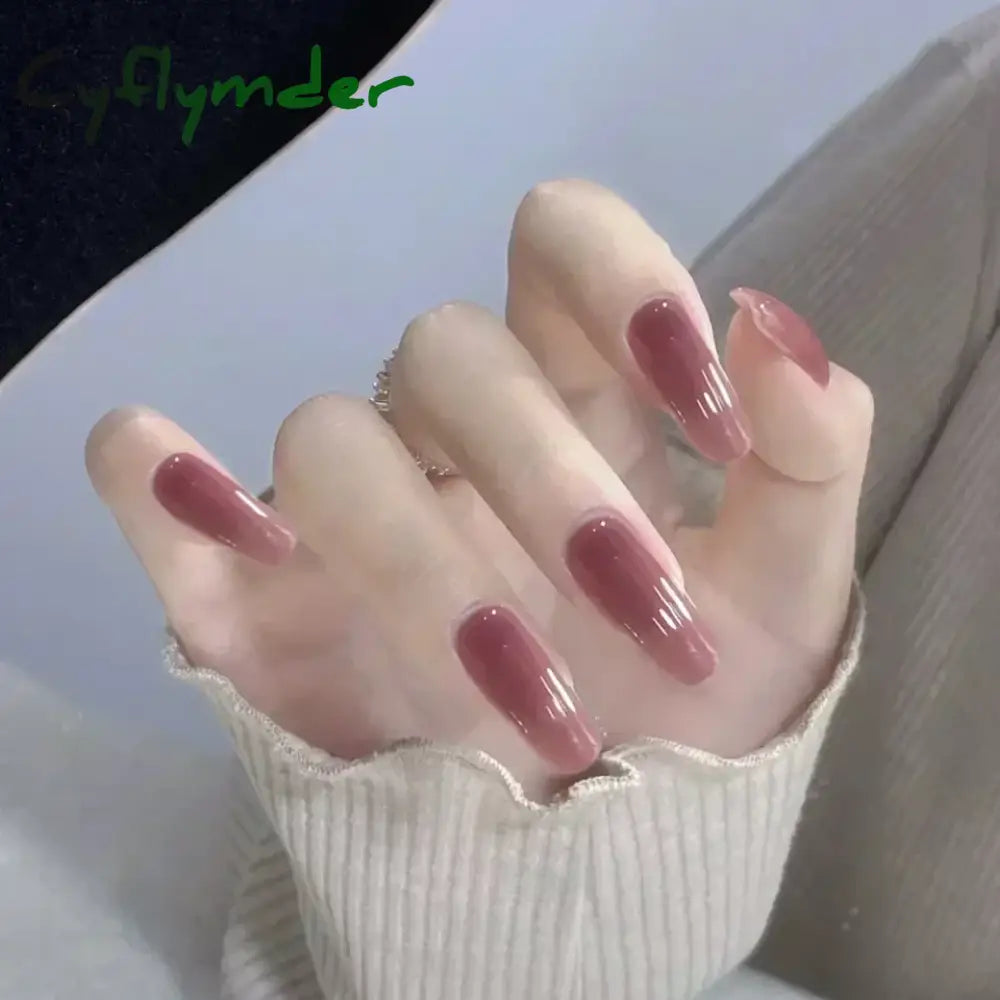 Cyflymder 24pcs/Box Long Coffin False Nails Art Rose with Glue Wearable Nude Pink White Color Jelly Nails Tips Full