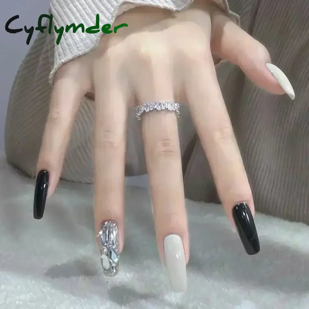 Cyflymder 24pcs/Box Long Coffin False Nails Art Rose with Glue Wearable Nude Pink White Color Jelly Nails Tips Full