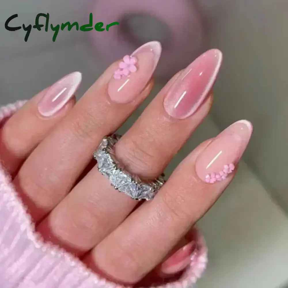 Cyflymder 24pcs/Box Long Coffin False Nails Art Rose with Glue Wearable Nude Pink White Color Jelly Nails Tips Full