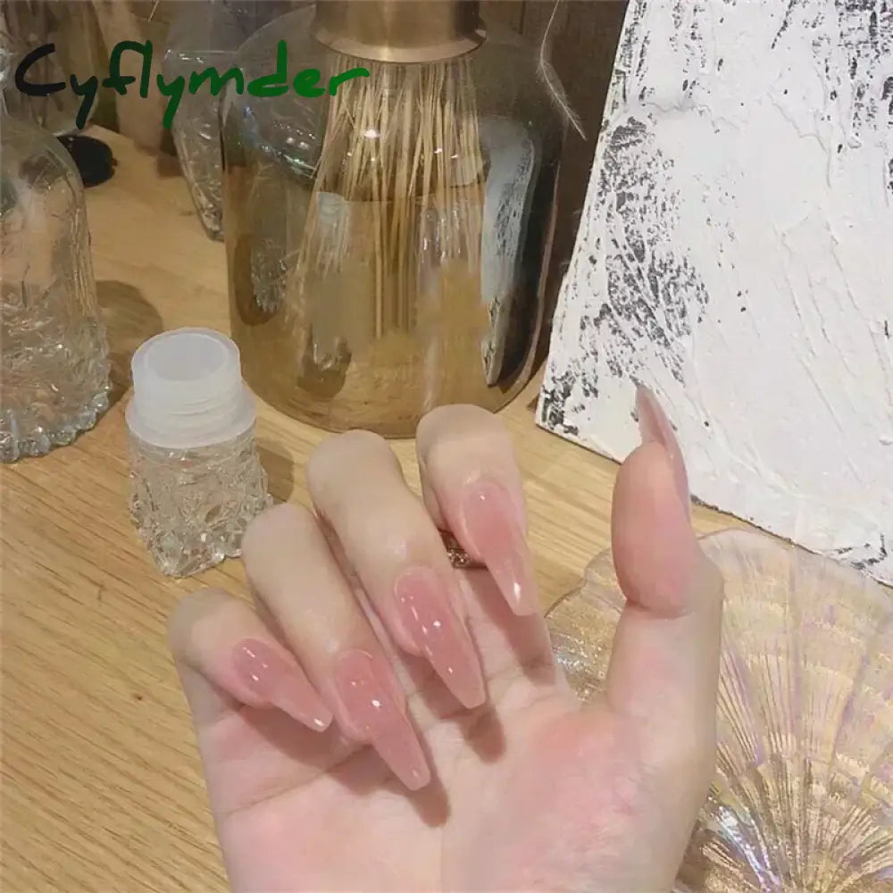 Cyflymder 24pcs/Box Long Coffin False Nails Art Rose with Glue Wearable Nude Pink White Color Jelly Nails Tips Full