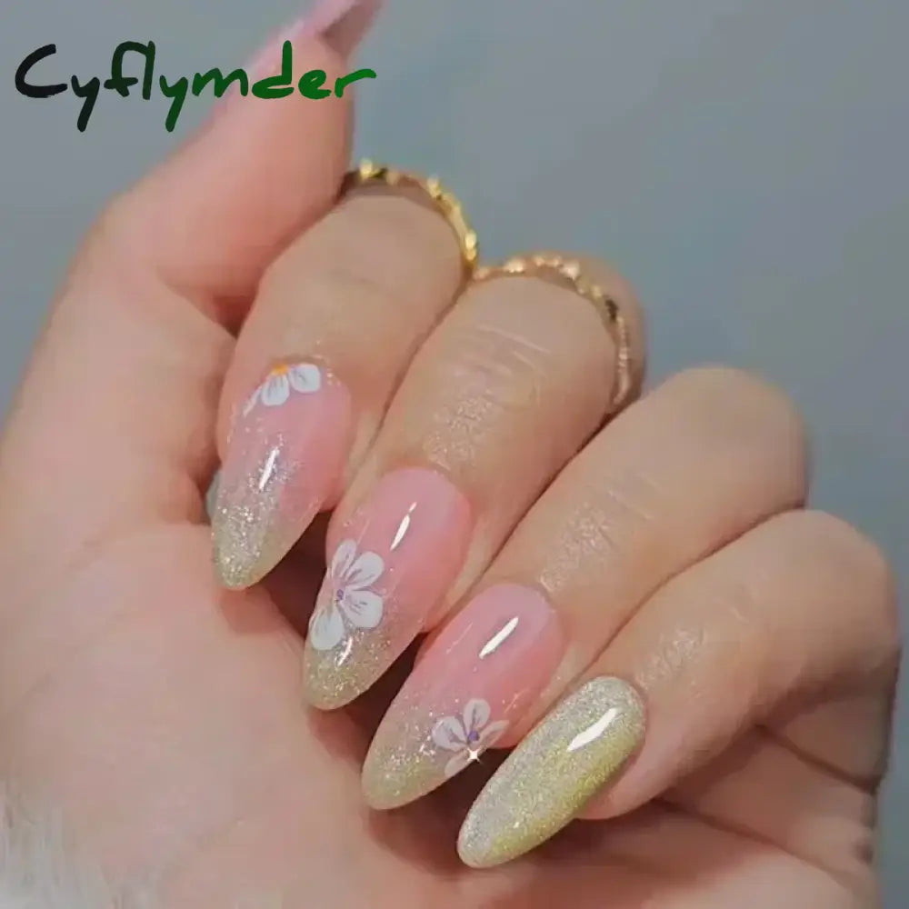 Cyflymder 24pcs/Box Long Coffin False Nails Art Rose with Glue Wearable Nude Pink White Color Jelly Nails Tips Full