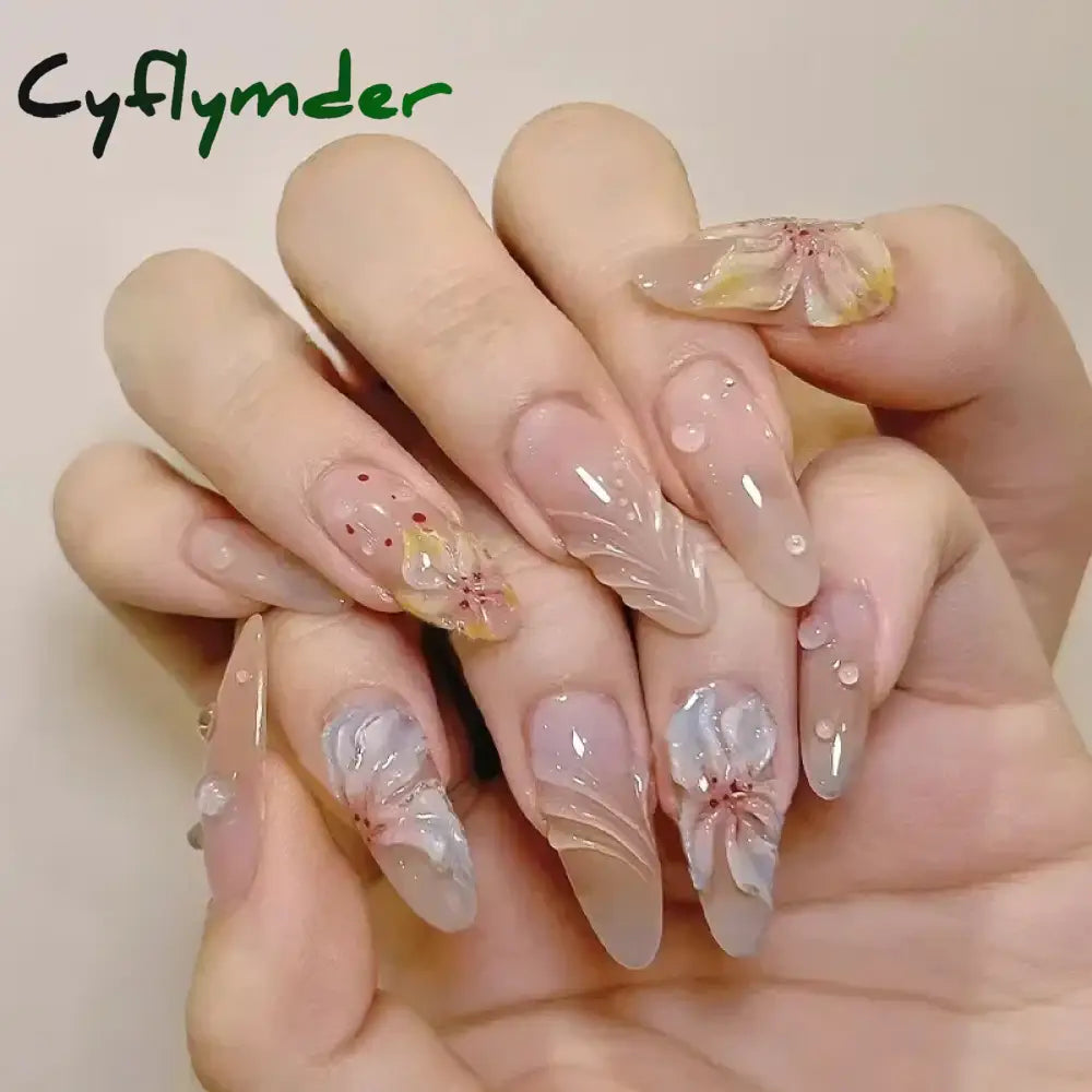 Cyflymder 24pcs/Box Long Coffin False Nails Art Rose with Glue Wearable Nude Pink White Color Jelly Nails Tips Full