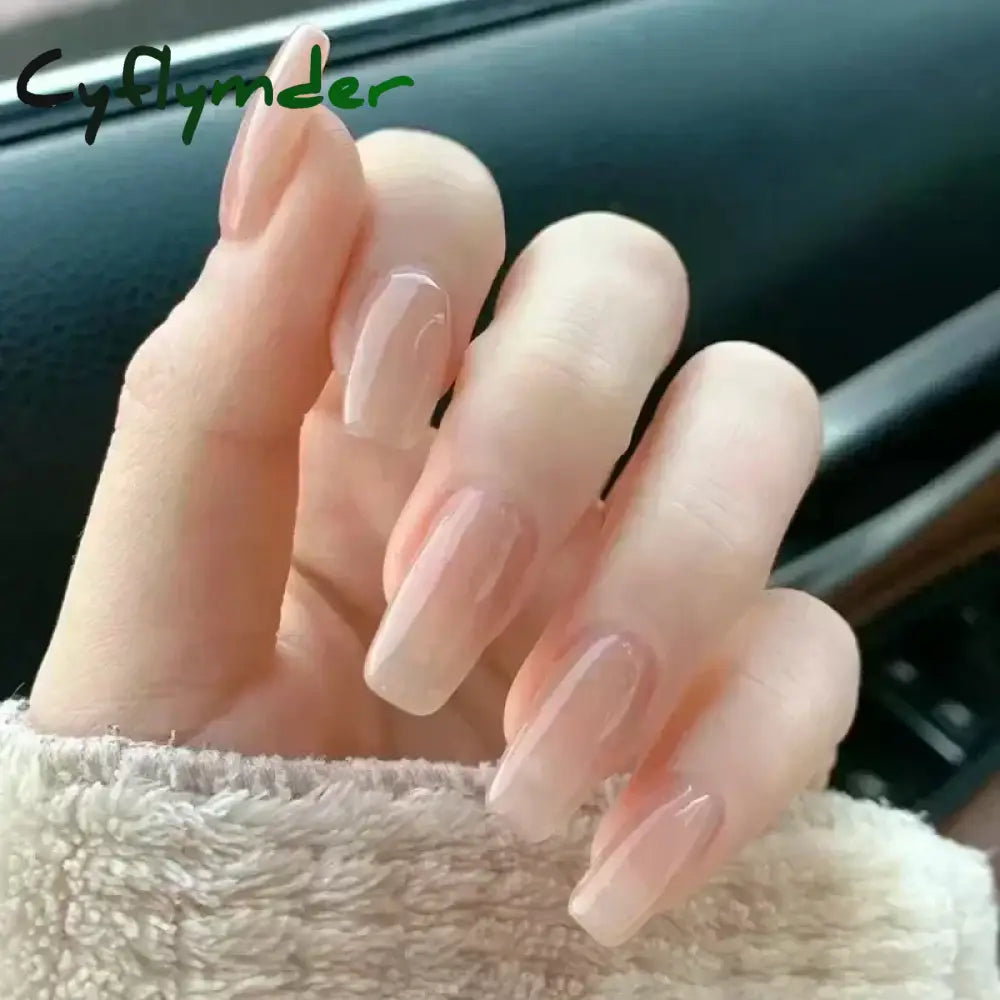 Cyflymder 24pcs/Box Long Coffin False Nails Art Rose with Glue Wearable Nude Pink White Color Jelly Nails Tips Full