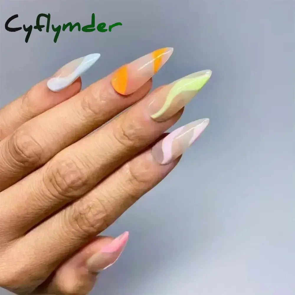 Cyflymder 24pcs/Box Long Coffin False Nails Art Rose with Glue Wearable Nude Pink White Color Jelly Nails Tips Full