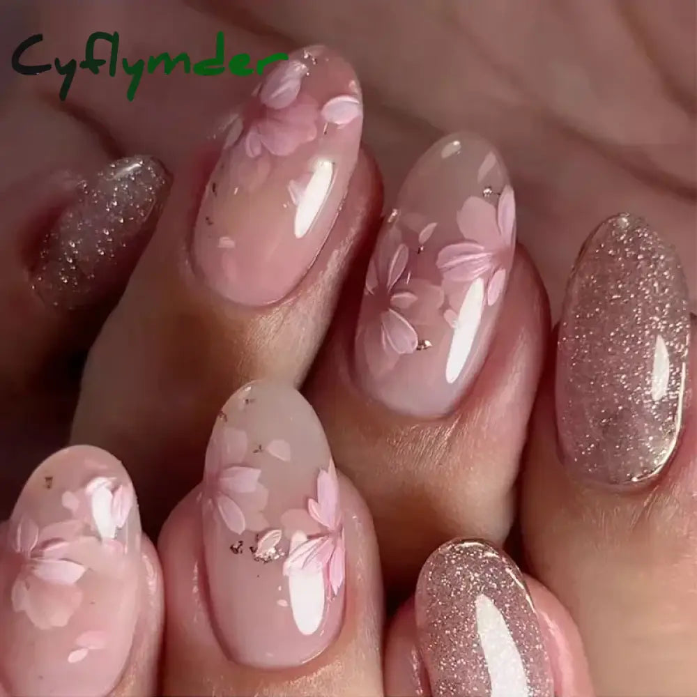 Cyflymder 24pcs/Box Long Coffin False Nails Art Rose with Glue Wearable Nude Pink White Color Jelly Nails Tips Full