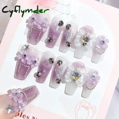 Cyflymder 24Pcs Butterfly Flower Decorated False Nails Removable Full Cover Luxury Rhinestones