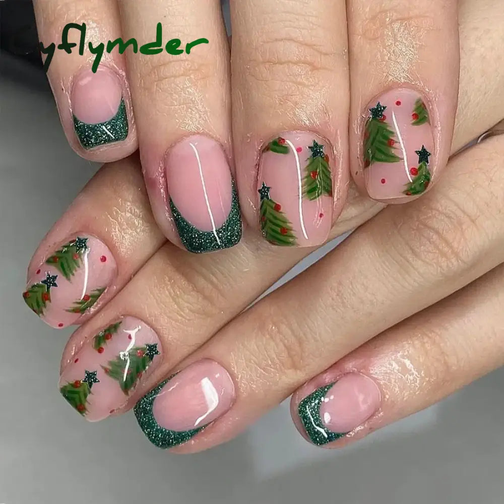 Cyflymder 24pcs Christmas Holiday Themed Medium Square Fake Nails Pink Red & Green Glossy Press-On Nails Set Reusable