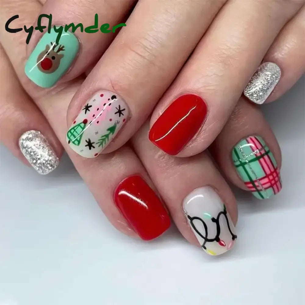 Cyflymder 24pcs Christmas Holiday Themed Medium Square Fake Nails Pink Red & Green Glossy Press-On Nails Set Reusable