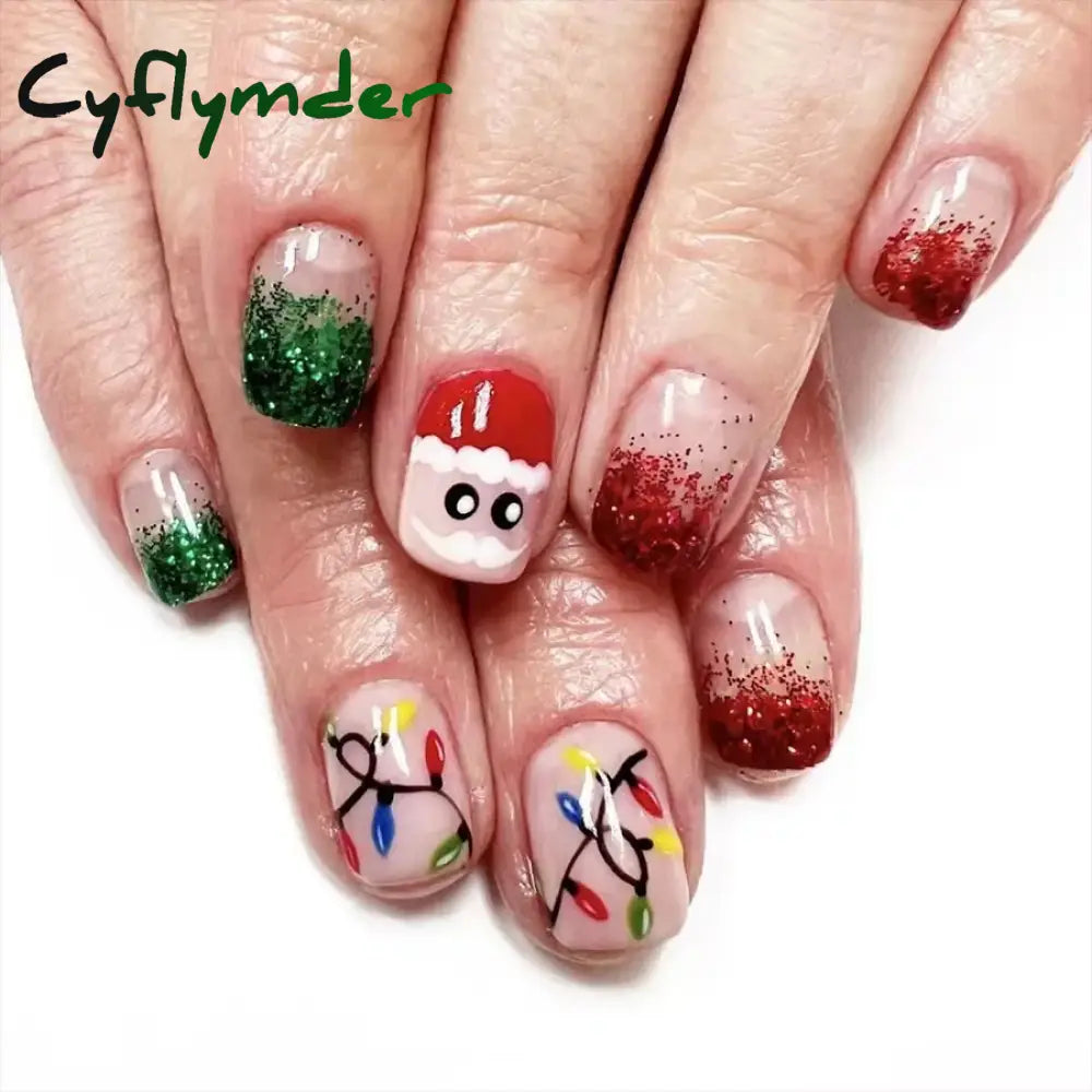 Cyflymder 24pcs Christmas Holiday Themed Medium Square Fake Nails Pink Red & Green Glossy Press-On Nails Set Reusable