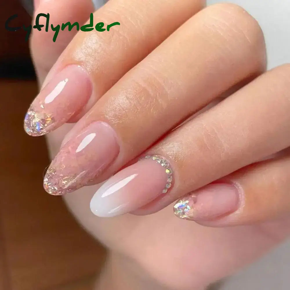 Cyflymder 24Pcs Detachable Almond False Nails With Pearl Decoration Elegant Designs French Fake