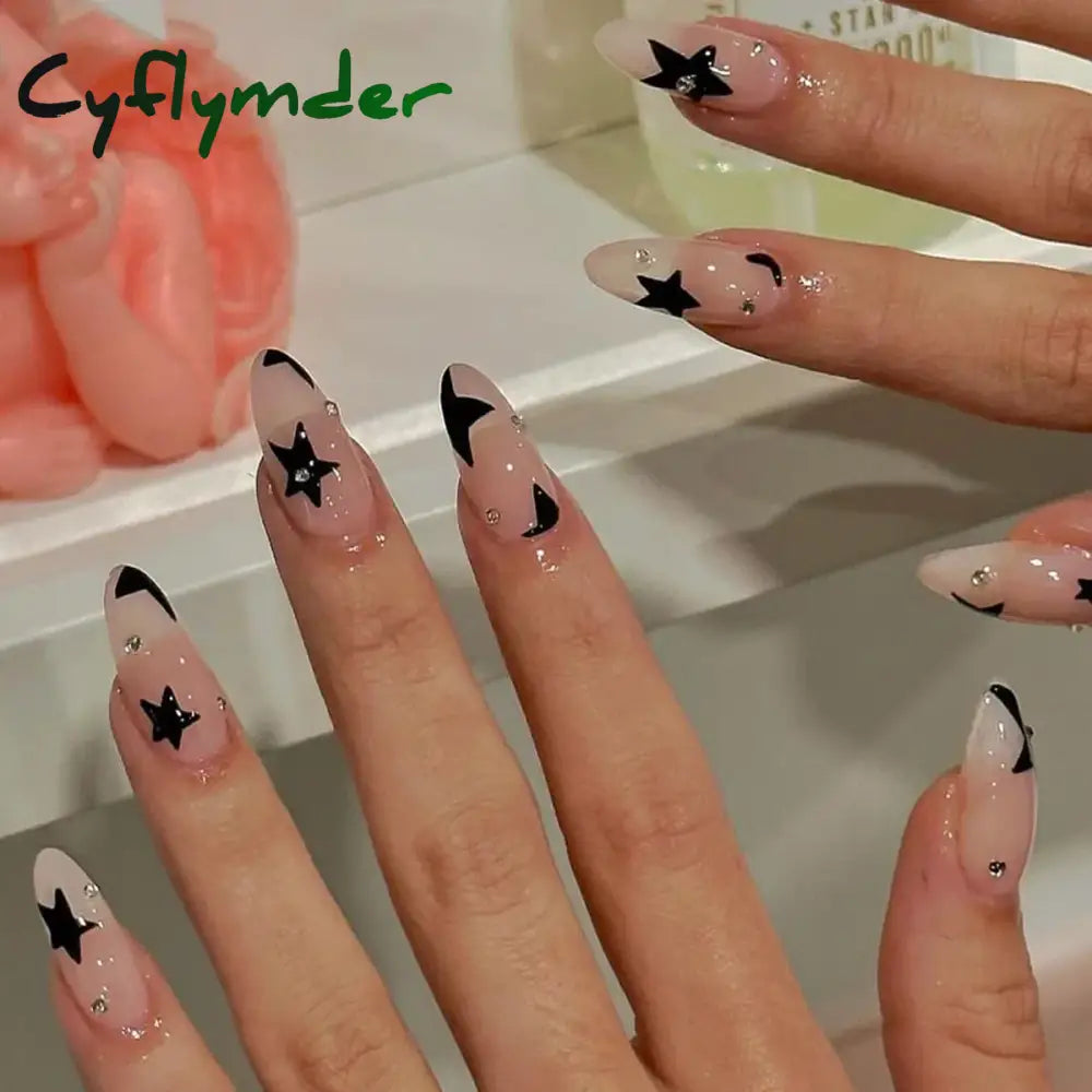 Cyflymder 24Pcs Detachable Almond False Nails With Pearl Decoration Elegant Designs French Fake