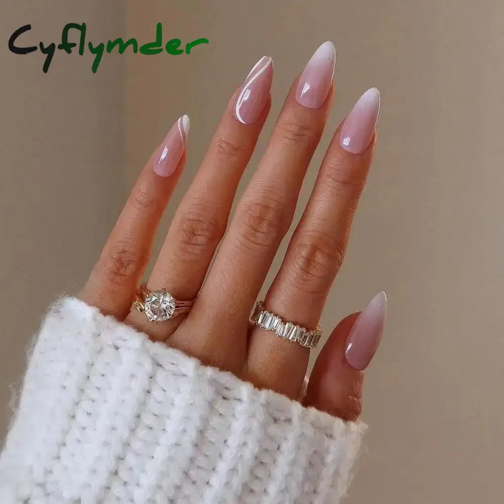 Cyflymder 24Pcs Detachable Almond False Nails With Pearl Decoration Elegant Designs French Fake