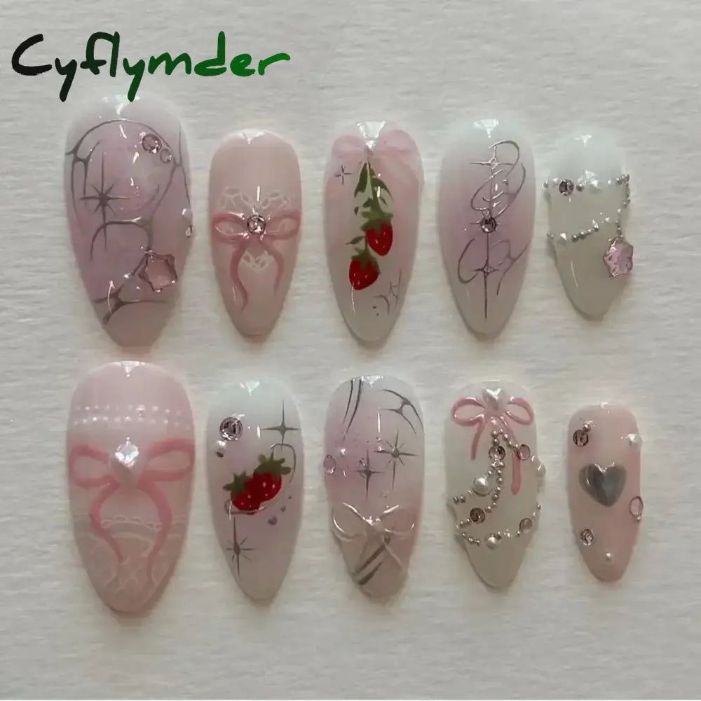 Cyflymder 24pcs Detachable Flower Almond bowknot French False Nails Stars Love Glitter Design Press on Nails Fake Nials