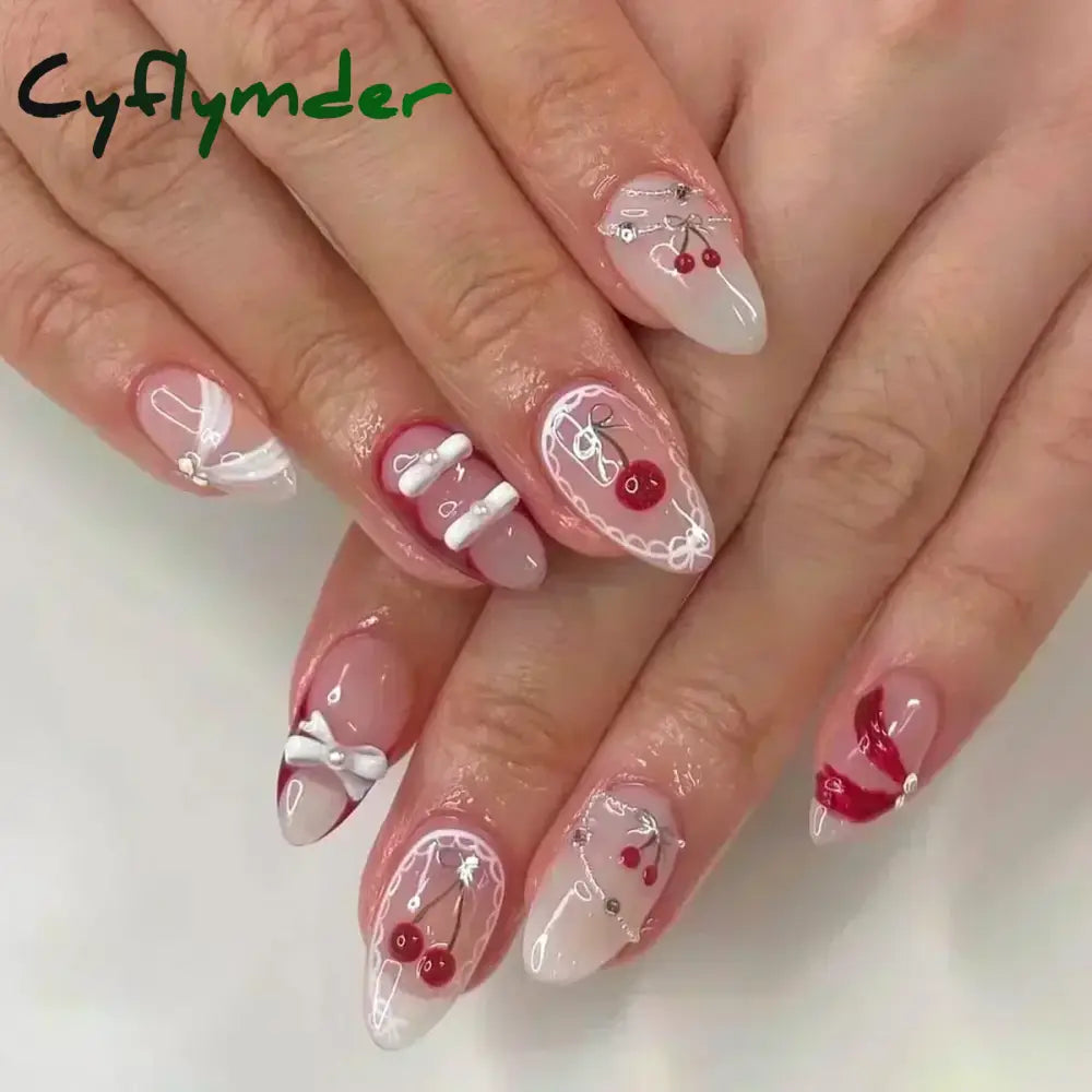 Cyflymder 24pcs Detachable Flower Almond bowknot French False Nails Stars Love Glitter Design Press on Nails Fake Nials