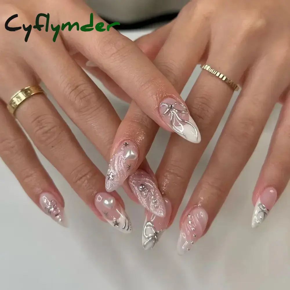 Cyflymder 24pcs Detachable Flower Almond bowknot French False Nails Stars Love Glitter Design Press on Nails Fake Nials